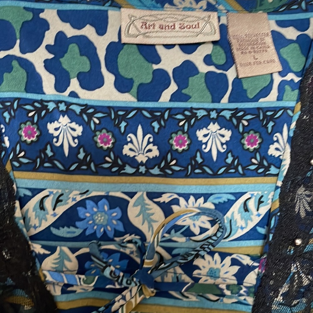 Art And Soul Navy Teal Green Paisley Lace-Trim Peasant Blouse - Picture 9 of 9